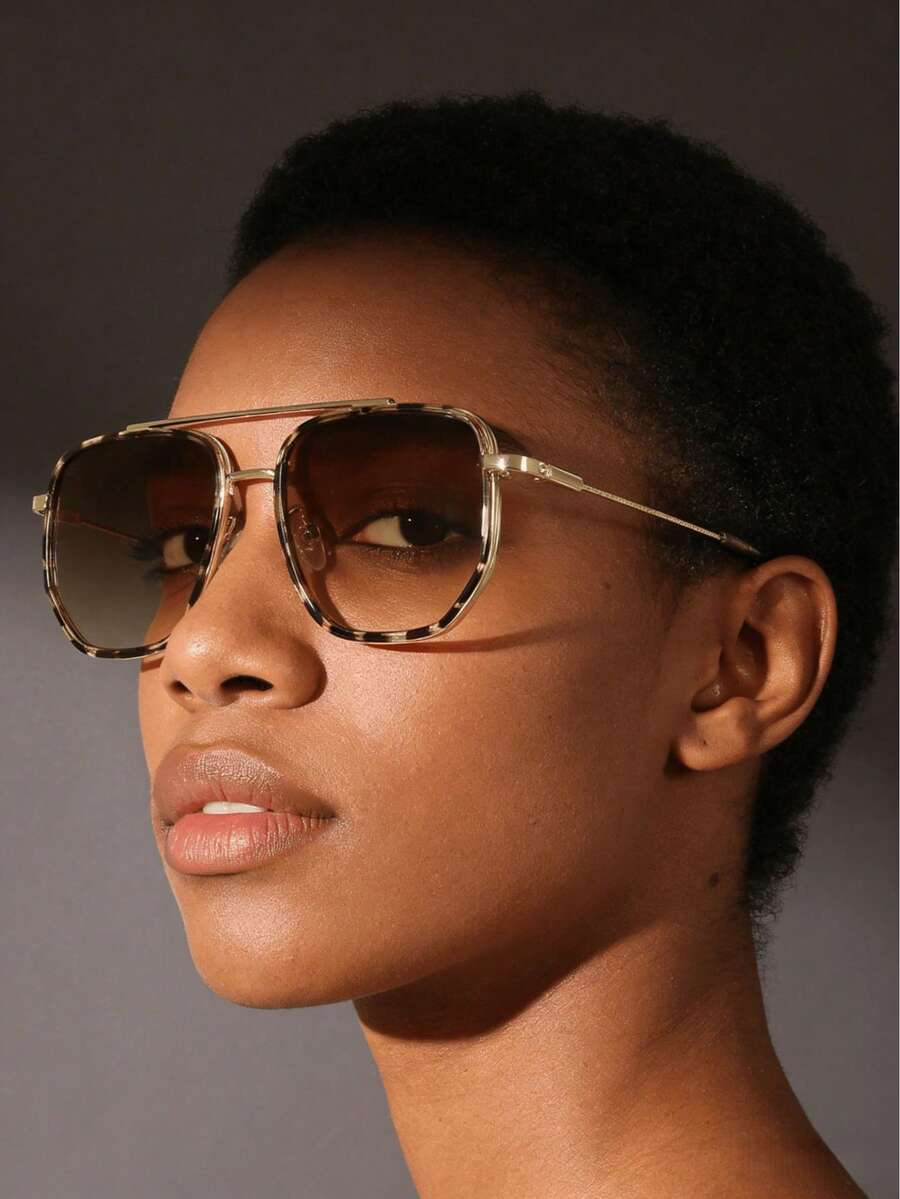 1 Pair Women's Fashionable Leopard Print High-End Geometric Dual-Beam Fashion Glasses, Suitable For Dates, Music Festivals, And Other Occasions, Versatile And Stylish - Tortoiseshell With Gold Frame and Tea Leaves - View 1