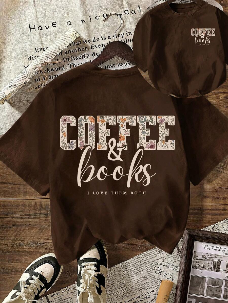 Camiseta gráfica floral de CAFÉ, regalo para amantes de los libros, camiseta casual de cuello redondo de manga corta para mujer, primavera y verano - albaricoque claro - Ver 1