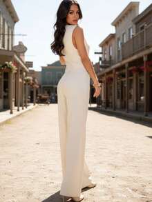 Elegant Women's Solid Color Front Button Sleeveless V-Neck Waist Suit Set, Suitable For Commuting, Vacation, Business, And Casual Daily Wear, Spring/Summer - Apricot - View 3