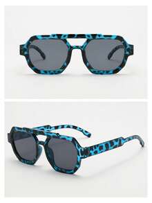 1pc Unisex Square Frame PC Material Fashion Glasses , Minimalist Stylish High-End Fashion, Suitable For Travel, Leisure, Party, Beach, Daily Wear - Blue Tortoiseshell Frame With Gray Accents - View 5