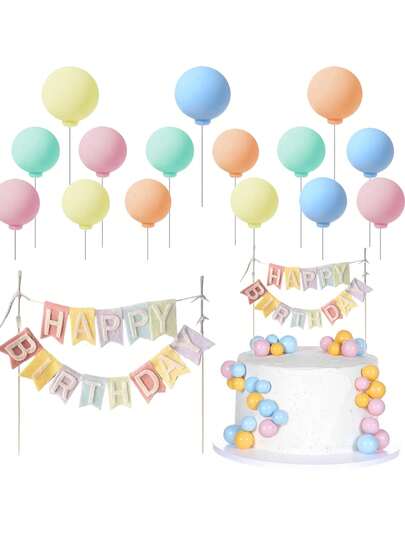 17pcs New Birthday Cake Flag Topper Baking Decoration Tools Wood Gadgets Happy Party Birthday Decor With Letter Pattern, Party Decoration Happy Birthday Cake Plug Set, Suitable For Decorating Birthday Events, Birthday Party Cake Decoration Supplies, Balloon Cake Topper Colorful Balls Cupcake Toppers Round Clay Mini Balloons Birthday Cake Decorations