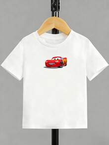 Disney Casual Lightning McQueen Double-Sided Kids' Tee – Versatile White Short Sleeve Top With Race-Themed Print For Mix-And-Match Outfits - trắng - Xem 5