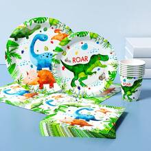 可爱恐龙一次性餐盘、餐巾纸、纸杯 - 一次性派对用品套装，可供 8 位客人使用，一次性纸盘适用于生日、婚礼、主题派对、家庭野餐 - 彩色 - 查看 3