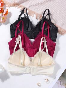 3pcs/Set Girls Lace Bow Wireless Comfortable Daily Bras, Gather Bust - Multicolor - View 2