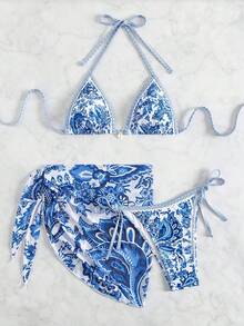 3-Piece Bikini Swimsuit Set, Sexy Women's Neck Strap Swimsuit With Floral Print For Summer Beach Wear, Random Print - Blue - View 1