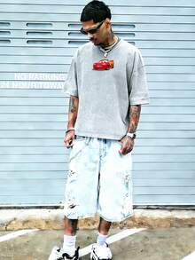 Disney-Racing Mobilization Lightning McQueen Pure Cotton Short Sleeved T-Shirt For Men's Summer Doing Old Water Washed Loose Large Top With Front And Rear Printed Casual Half Sleeve Parent Child Wear - 淺灰色 - 查看 3