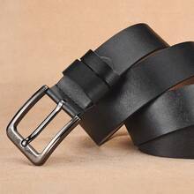 Cinto de Couro Genuíno com Fivela para Homens, Cinto de Couro de Vaca de Dupla Camada, Cinto Denim, Formal e Casual Estilo Novo, Fivela Ajustável Incluída. Presente Masculino, Casual Outdoor, Design Texturizado, Presente de Aniversário/Acessório/Cinto de Negócios. - Preto - Visão 7