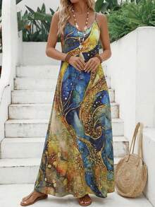 Dreamy Starry Sky Print Spaghetti Strap Maxi Dress, V-Neck Sleeveless Breathable Summer Dress, Bohemian Style Essential For Beach Vacation Elegant - Sea Blue - View 1