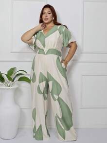 Women's Plus Size Printed Long Jumpsuit, Wide Leg, Short Sleeve, V-Neck, Front Gathering, Comfortable - Olive Green - View 2