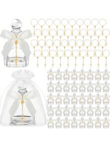 24pcs/Set Catholic Holy Water Bottles Wholesale, Baptism Guest Gifts, Glass Bottles With Gold Cross Bracelet, Lace Bow Tie, Ribbon, For Church Wedding Baptism Gifts (Lace Bow, White) - Multicolor - View 11