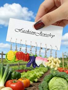 10pcs/30pcs New Crossborder Dopamine Realistic Vegetable Series Resin Earring Set - Funny & Cute Pumpkin, Ginger, Eggplant, Pea, Peanut Earrings, Women Accessories - Multicolor - View 8