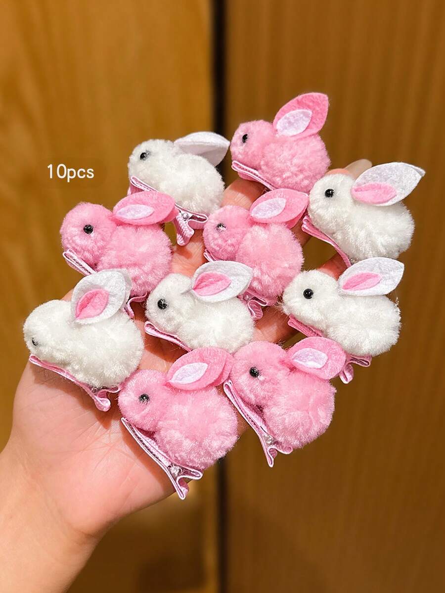 10个白色+粉色可爱毛绒兔子发夹，适合日常佩戴的发饰 - 彩色 - 查看 1