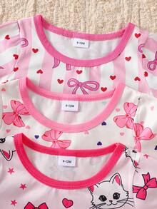 3 Sets (6pcs) Girls & Toddlers Casual Cat, Bow, Star, Heart Pattern Soft & Comfortable Flame Retardant Knit Fabric Short Sleeve T-Shirt And Shorts Pajama Sets, Suitable For Spring/Summer Wear - Multicolor - View 3