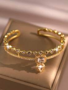 2 pezzi Set di bracciale e anello con charm a forma di faccia sorridente in zirconia cubica della serie fantasy, set di gioielli da matrimonio in lega di rame con zirconia cubica brillante, adatto per banchetti, balli, feste - Oro giallo - Visualizzare 11