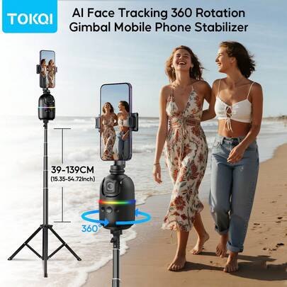 TOKQI AI Face Tracking 360° Rotatable Phone Stabilizer, 139cm Extendable Tripod, Smart Gesture Control Phone Holder, Detachable Design Phone Stand With Wireless Remote, Compatible With IOS And Android, Suitable For Vlog, Video Recording And Live Streaming