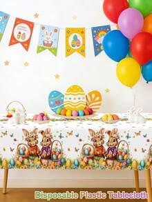 1pc Easter Disposable Tablecloth With Vivid Rabbit, Eggs And Wreath Pattern, Plastic Tablecloth For Easter Home Kitchen Dining Table Decor, Spring Theme Party Supplies, Family Gathering, Farmhouse Style, Size 220*130cm - Multicolor - View 6
