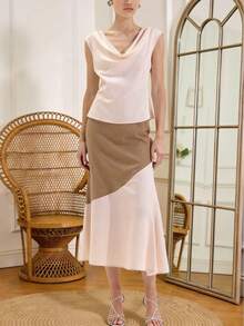 女士优雅时尚缎面翻领衬衫A字裙套装，衬衫领，适合日常、通勤和约会穿着 - 杏色 - 查看 4