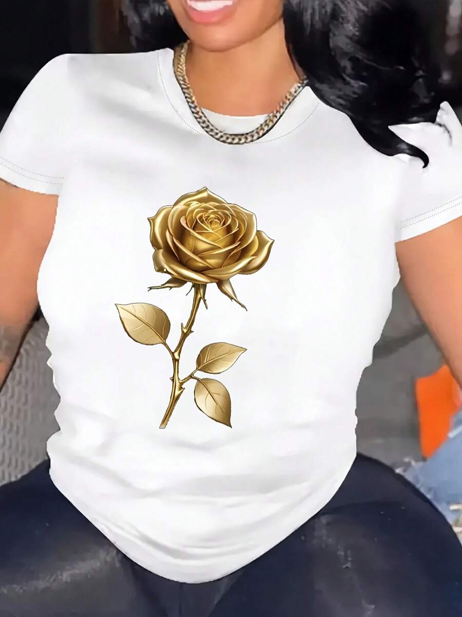 Women's T-Shirt With Gold Rose Pattern, 100% Cotton, Comfortable, Beautiful - White - View 1