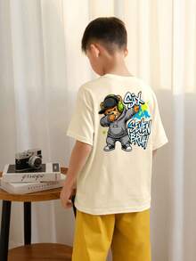 Tween Boys Casual Printed Crew Neck Short Sleeve T-Shirt, Summer Top - Apricot - View 2