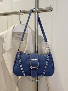 Bolso cruzado de mezclilla y lona de moda, bolso de cadena elegante para debajo del brazo para mujeres - Azul - Ver 7