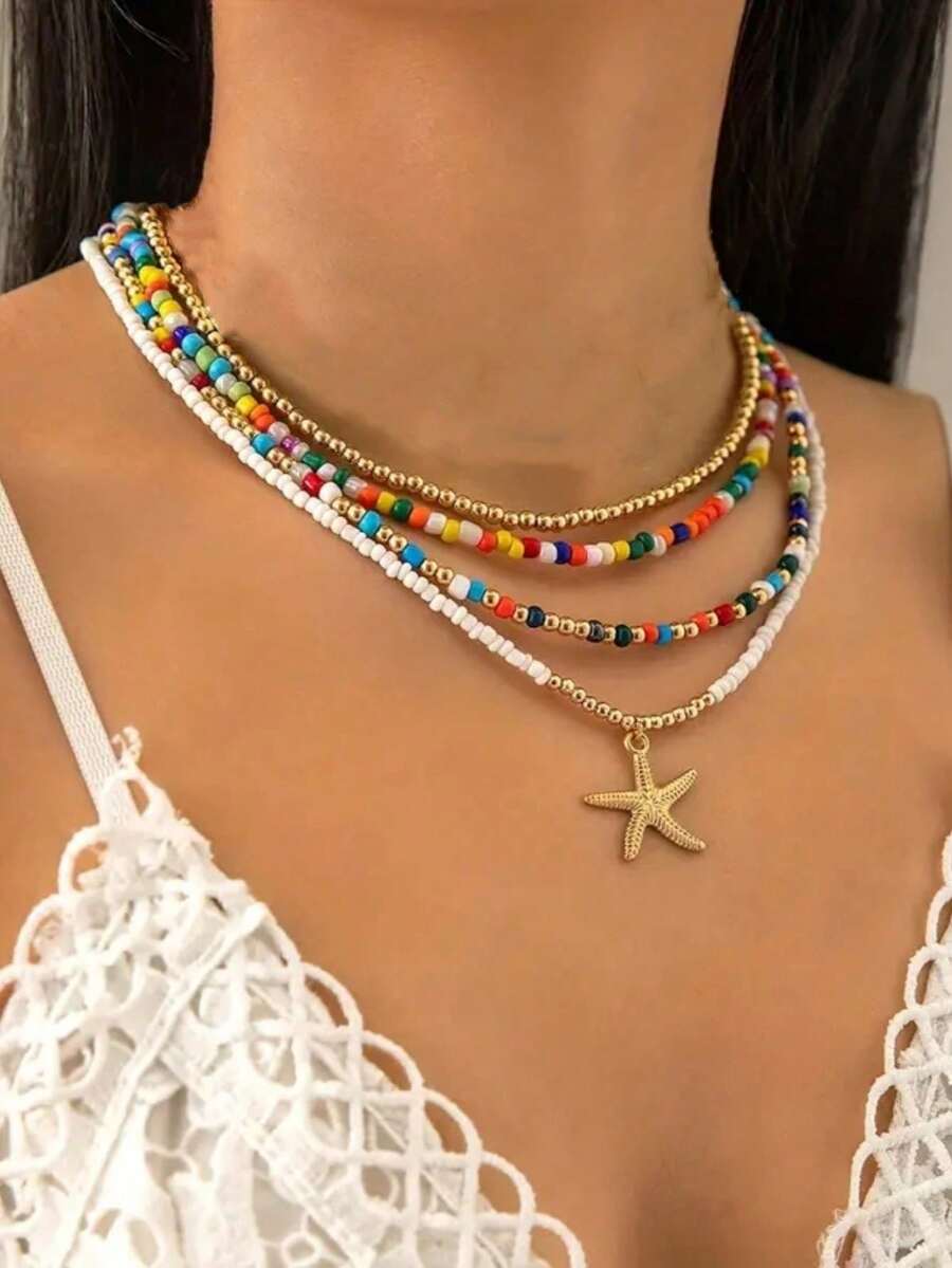 4pcs Bohemian Style Random Color Beaded Starfish Pendant Necklace Set, Suitable For Beach, Vacation, Party - Colorful - View 1