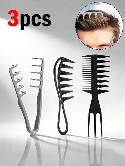 3pcs Men's Hair Brush Set - Soft Texture Wide-Tooth Comb, Volumizing Brush, Thick Double-Tooth Brush, Plastic Material Root Booster Brush Combo
