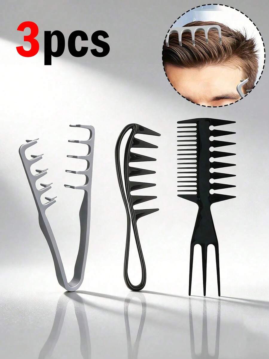 3pcs Men's Hair Brush Set - Soft Texture Wide-Tooth Comb, Volumizing Brush, Thick Double-Tooth Brush, Plastic Material Root Booster Brush Combo