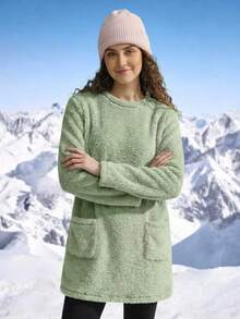Women's Round Neck Long Sleeve Pocket Furry Long Tops, Autumn/Winter - Green - View 2