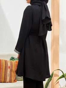 Plus Size Women Regular Length Black Minimalist Button-Up Blouse, With Belt Long Sleeve Arabic Style Top Spring - Black - View 2