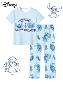 Disney 一套迪士尼女童短袖睡衣套装，绗缝图案，数码印花，柔软透气面料，适合4-7岁女童日常居家穿着，春夏女童睡衣套装 - 淺藍色 - 查看 2