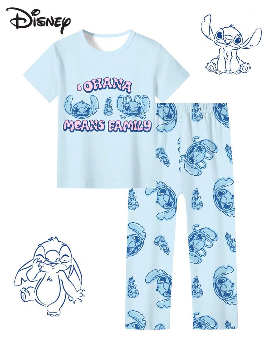 Disney 一套迪士尼女童短袖睡衣套装，绗缝图案，数码印花，柔软透气面料，适合4-7岁女童日常居家穿着，春夏女童睡衣套装