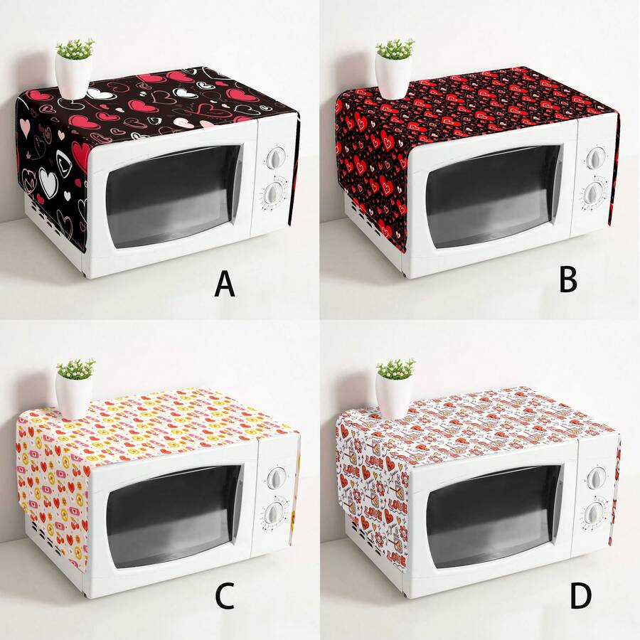 1pc Heart Printed Microwave Dust Cover, Decorative Dust Cover, Flat Printing, Linen Material, Non-Waterproof, With Side Pocket, Home Decor, Appliance Protection Decor, Easy To Use And Clean,Women's Day,Travel Essentials,Wedding Favours,Y2k,Bedroom,Car Acessesories Women,Kitchen Deccor - Multicolor - View 1