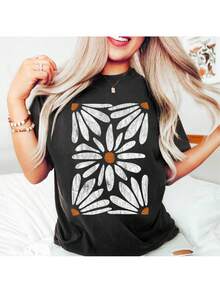 Boho Daisy Botanical Vintage T-Shirt Womenswear Casual Cotton Fabric Knit - Black - View 1