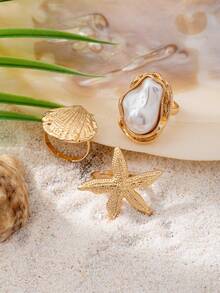 3pcs/Set Stackable Faux Pearl Starfish Ring Set, Summer Vacation Boho Style Rings Accessories, Suitable For Bikini Outfits - Multicolor - View 4