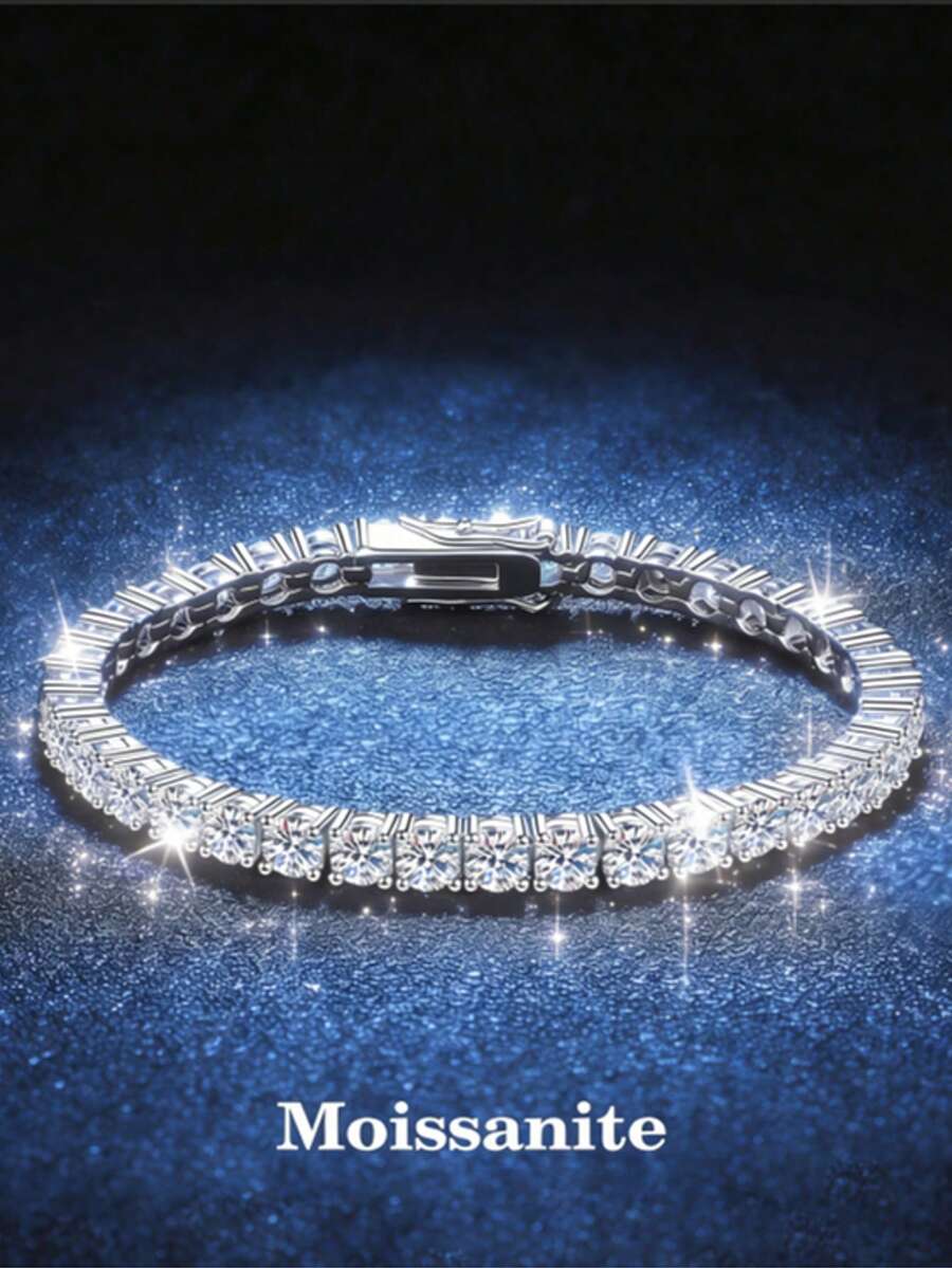 1pc 3mm High-Quality Four-Prong Moissanite Diamond Tennis Chain With S925 Sterling Silver Bracelet, Shimmering & Luxurious Fine Jewelry For Wedding, Engagement & Gifts For Brides - 銀色 - 查看 1