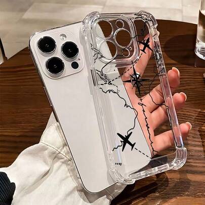 1pc Transparent TPU Shockproof Airplane/Map Phone Case Compatible With IPhone 17 Pro Max, 11, 15 Pro Max, 14 Pro Max / Galaxy S25 Ultra, S24 FE, S23 Plus, S22, A15, A25, A35, A55, A56 / Honor X6A, X7B, X8B / 13C/Note13/Compatible WIth A78 Protective Cover