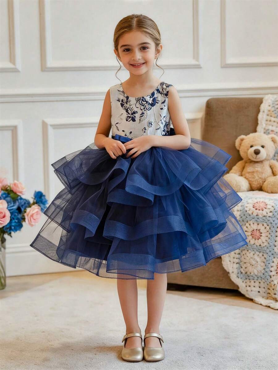 Young Girl Navy Blue 3D Bow Sleeveless Tulle Elegant Party Dress, Princess Dress, Suitable For Girls Birthday Party, Banquet, Prom, Wedding, Flower Girl Dress, Ramadan Holiday Outfit - Navy Blue - View 1