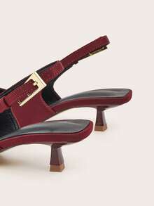 女士纯色金属扣小猫跟鞋，优雅尖头高跟鞋，时尚踝带露趾高跟鞋 - 酒紅色 - 查看 5