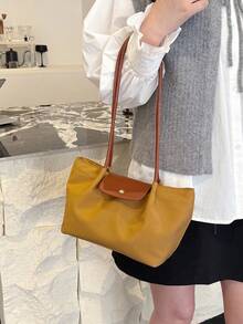 极简撞色设计女士单肩包；时尚优雅的极简手提包，饰有铆钉，现代多功能都市通勤风格单肩/腋下包，适合购物和旅行，实用轻便，大容量收纳空间 - 芥末黃 - 查看 4