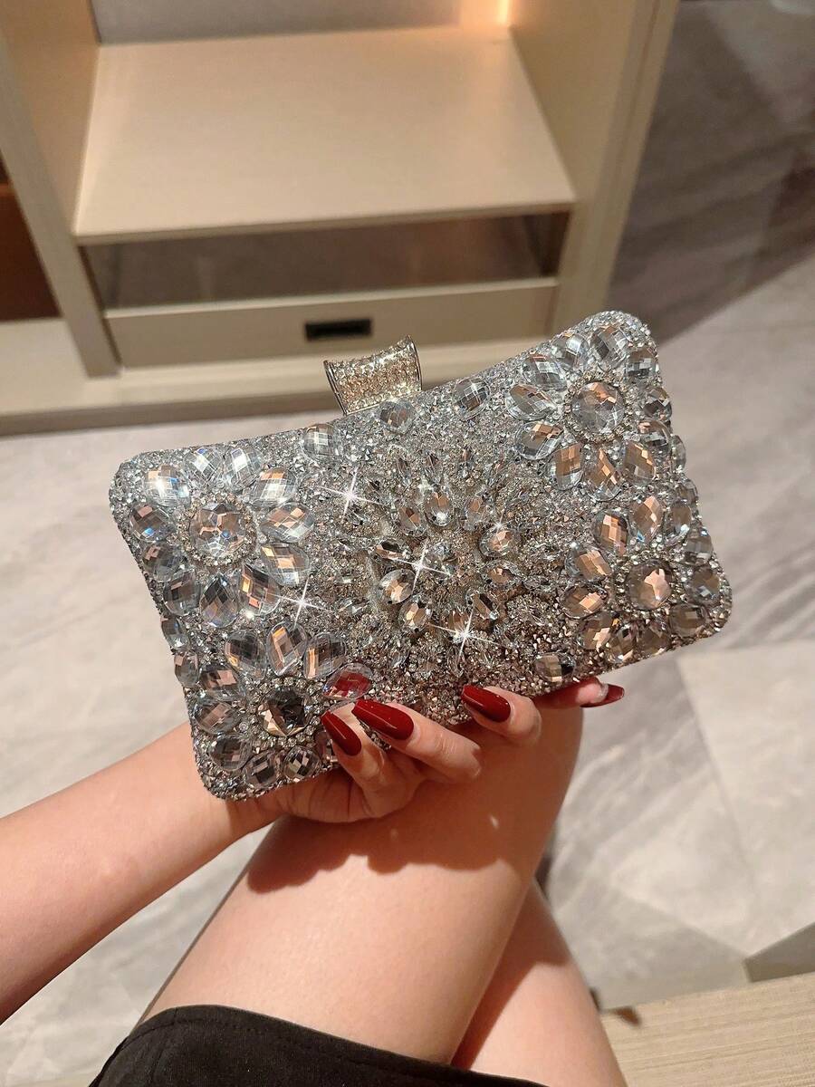 1pc Luxury Rhinestone Decor Box Clutch Bag, Sparkling Evening Bag For Formal Party, Wedding, Ball And Celebration, Romantic Bridal Purse, Tready Party Bags,Perfect For Party, Wedding, Prom, Dinner/Banquet, Glamorous Rhinestone Bag, Elegant Prom Bag - 銀色 - 查看 1