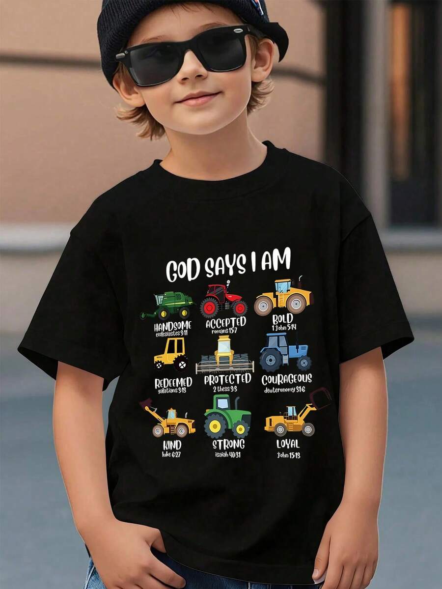 年輕男孩的時尚街頭風格標語印花T恤，圓領，休閒夏季上衣 - 黑色 - 查看 1