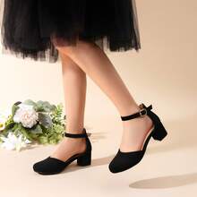 Girls Wedding Party Pumps Closed Toe Ankle Strap High Heels Flower Girl Shoes For Toddler Little Big Kid - màu đen - Xem 2