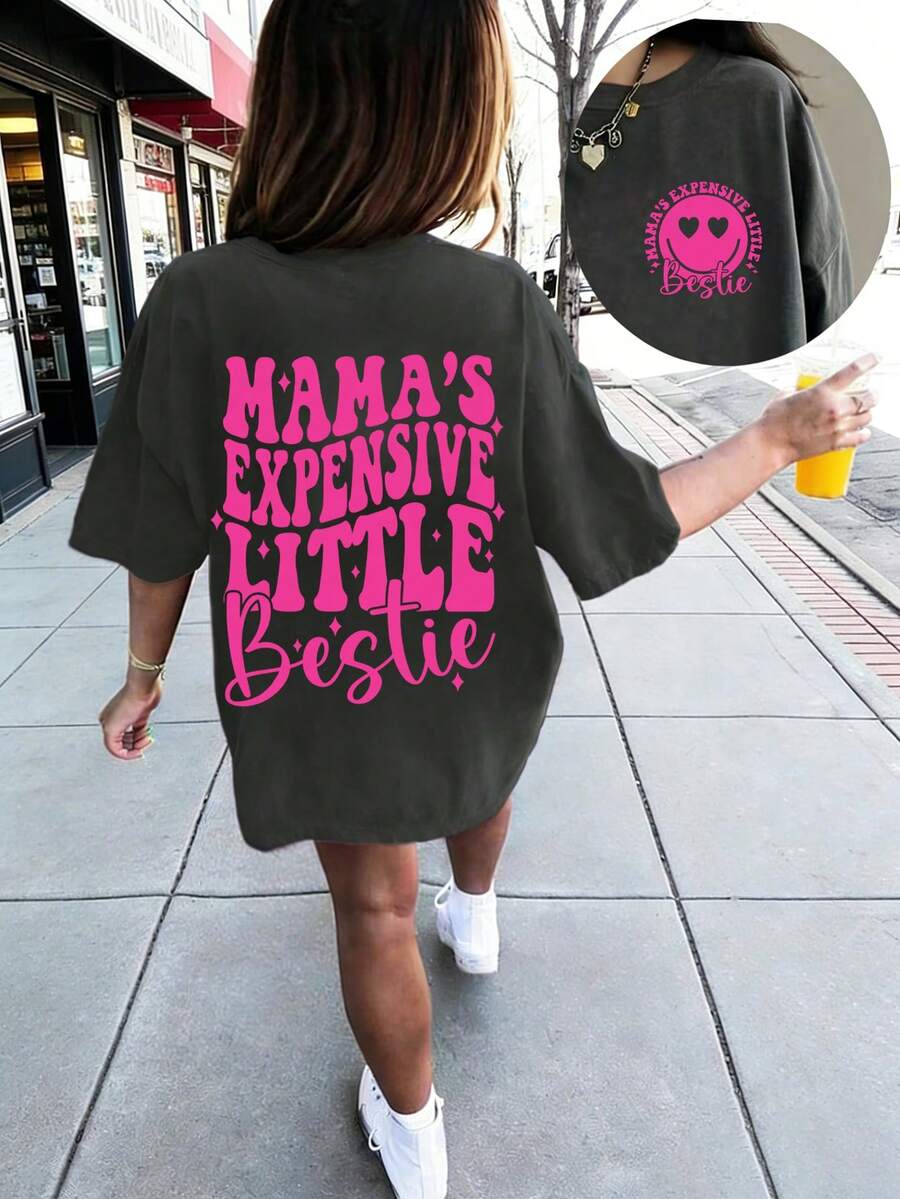 Camiseta de cuello redondo de manga corta con estampado gráfico informal para niñas preadolescentes, top de verano - Gris Oscuro - Ver 1
