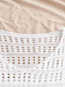 V-Neck White Versatile Hollow Out Ruffle Hem Pullover Sweater, Suitable For Summer Beach - White - View 3