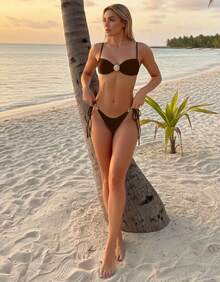 Thin Strap Thong Bikini With Side Tie, Shell Buckle, And Padded Cups - Rust Brown - View 3