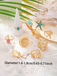 10 Stücke/Set stapelbare Ozean-Elemente Seestern Ringe, Schildkröten- & Muschel-Ringe, bohemian Stil Schmuckzubehör, geeignet für Bademode & Urlaub - Verschiedenfarbig - Übersicht 3