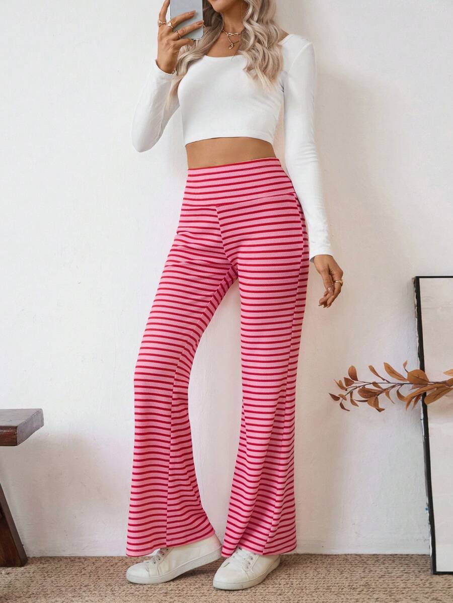 Nuevos pantalones acampanados elegantes y con estilo de punto a rayas, adecuados para el hogar, uso diario, escuela y vacaciones de primavera - Rayas rosas - Ver 1