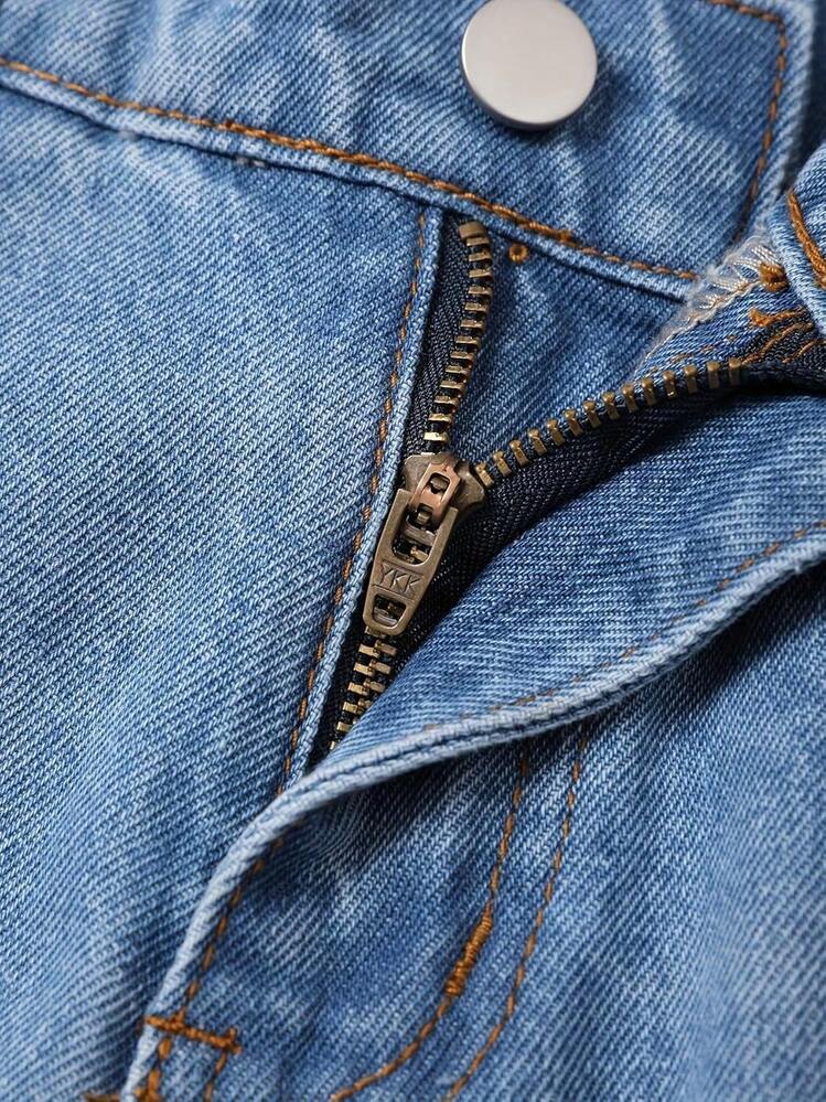 Girls Baggy Wide Leg Ripped Denim Jeans High Waist - 水洗淺藍色-888 - 查看 2