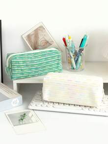 Knitted Line Pattern Pencil Case, Cream Yarn Large Capacity Pen Holder, Aesthetic Minimalist School Stationery Bag & Travel Makeup Organizer Pouch With Zipper - Multicolor - View 10