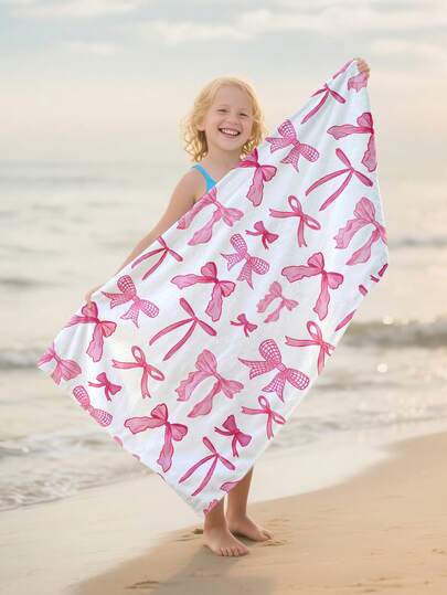 1pc Pink Bow Kids Beach Towel, Super Soft Microfiber Extra Large Beach Blanket, Super Absorbent Bath Towel, Suitable For Travel, Swimming Pool, Diving, Surfing, Yoga, Camping, Available In Multiple Sizes, Beach Accessories For Beach, Pool, Travel, Camping, Yoga
